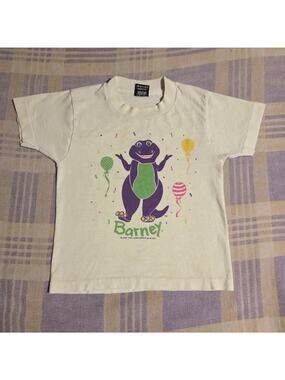 Vintage 90s Barney Shirt Kids Size 6-8 White Purple Ballons Party 1991 Made USA
